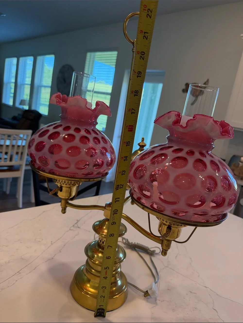 Vintage-Style Pink Fenton Double Oil Lamp with Brass Base